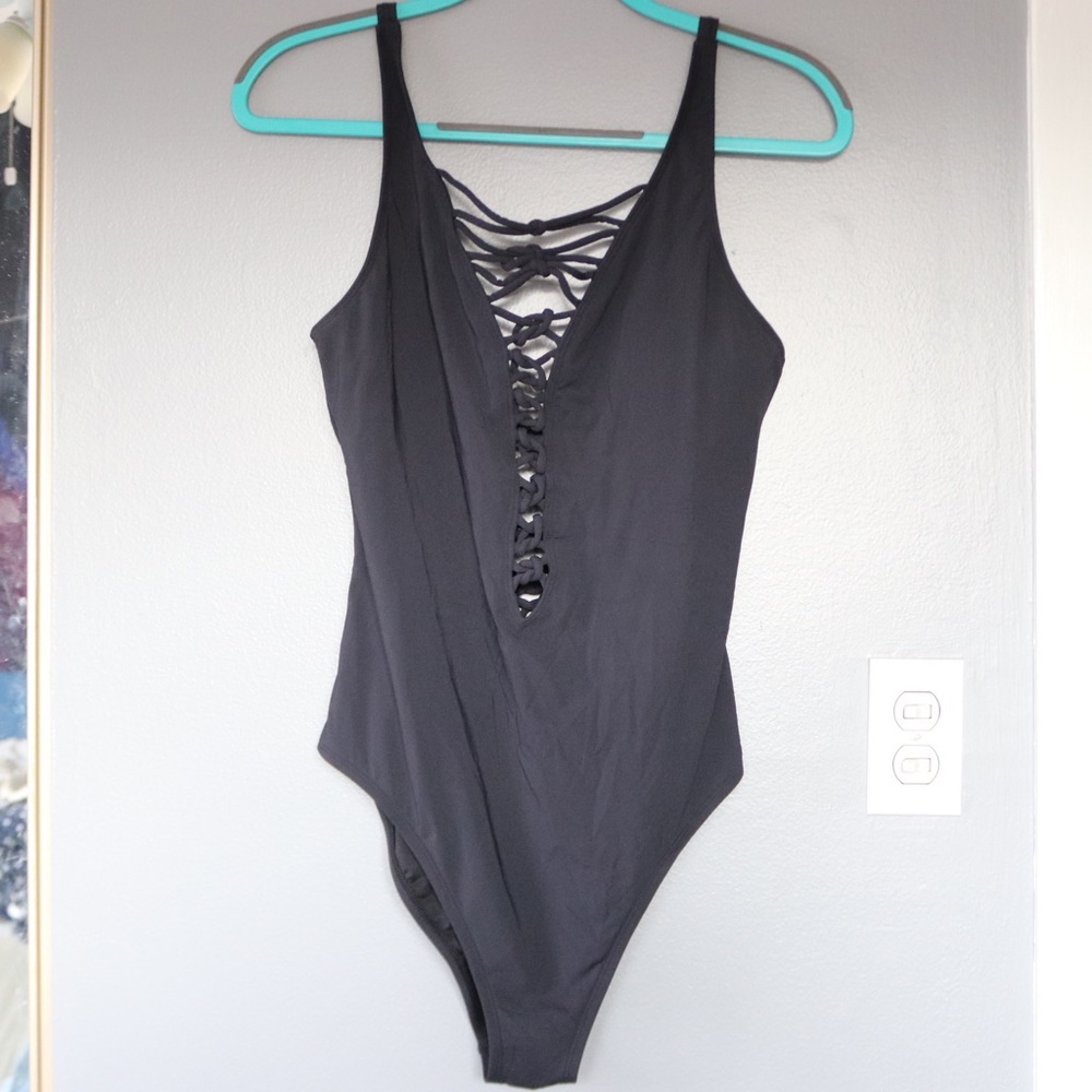 Black One Piece Swimsuit with Lace Up Plunging Neckline | Size 12